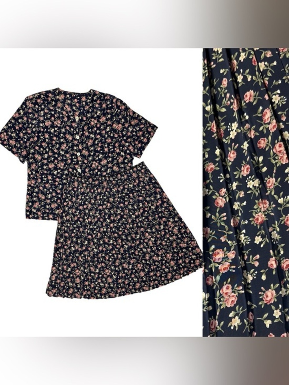Vtg St Michael Set Pleated Skirt & Short Sleeve Button Top Lightweight Floral L*